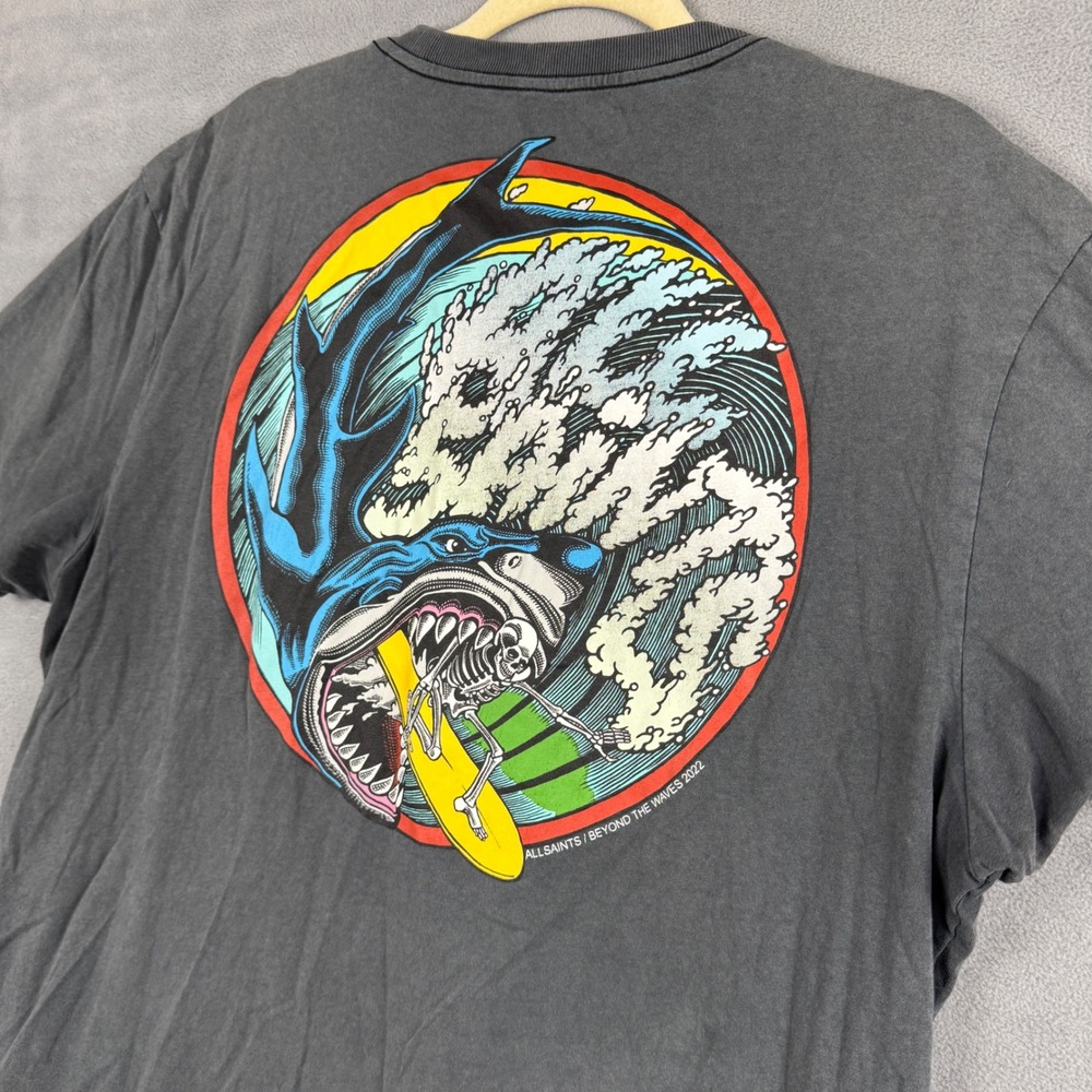 AllSaints Beyond The Waves Shark Skeleton Graphic T-Shirt Washed Black Mens M